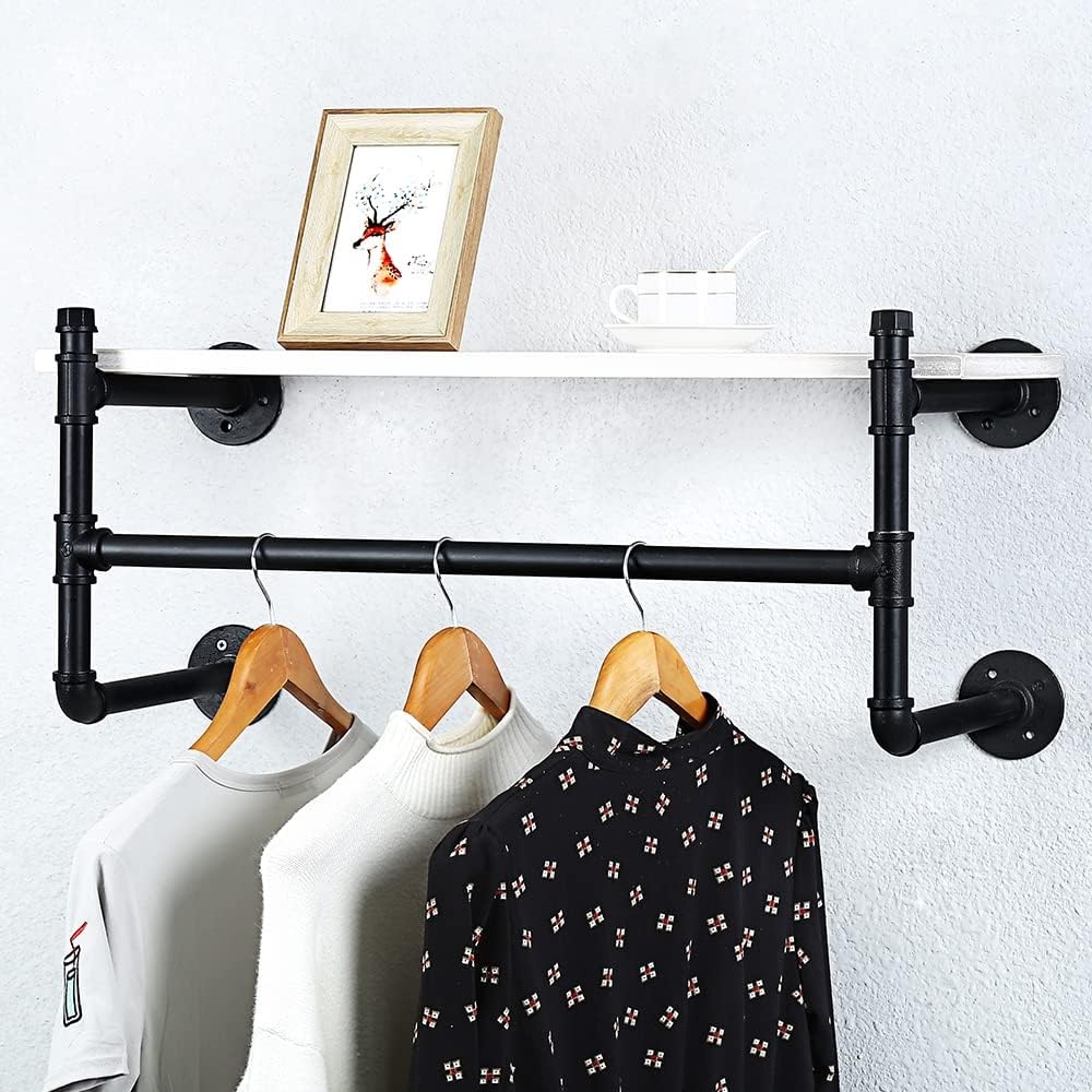 Estante industrial de la ropa del tubo montado en la pared con el estante de madera,Estante de la ropa al por menor estante de exhibición de los