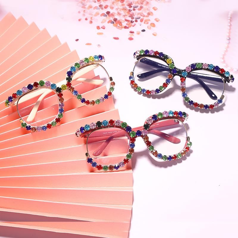 ICARA Lentes de gran tamaño con bloqueo de luz azul con diamantes elegantes para mujer, montura redonda, protección UV400
