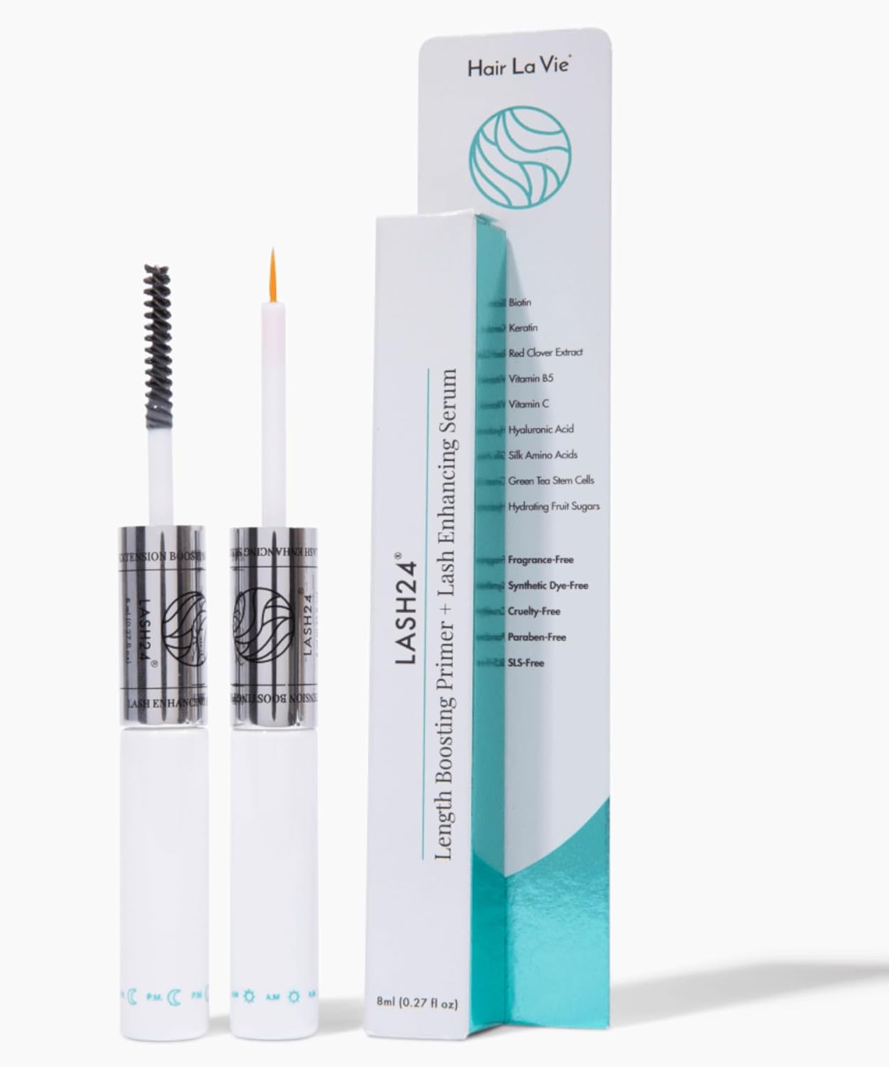 Lash24 de Hair La Vie – Suero de pestañas y suero de cejas – Potenciador de pestañas e imprimación – Fórmula dual con imprimación de pestañas AM y