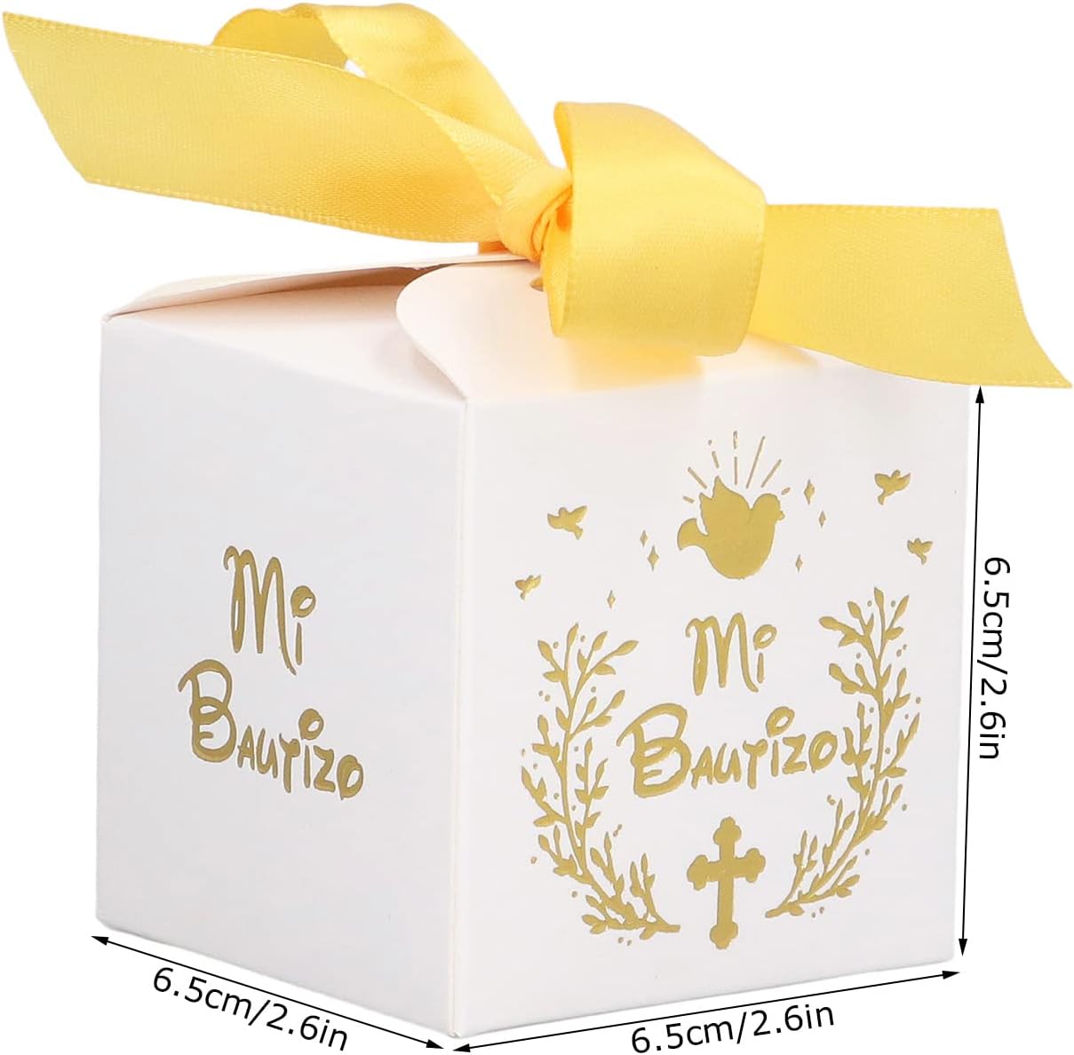 AUNMAS 50 cajas de dulces para fiesta de boda, material de papel, caja de regalo con patrón de Mi Bautizo con cinta dorada, cajas de regalo de boda