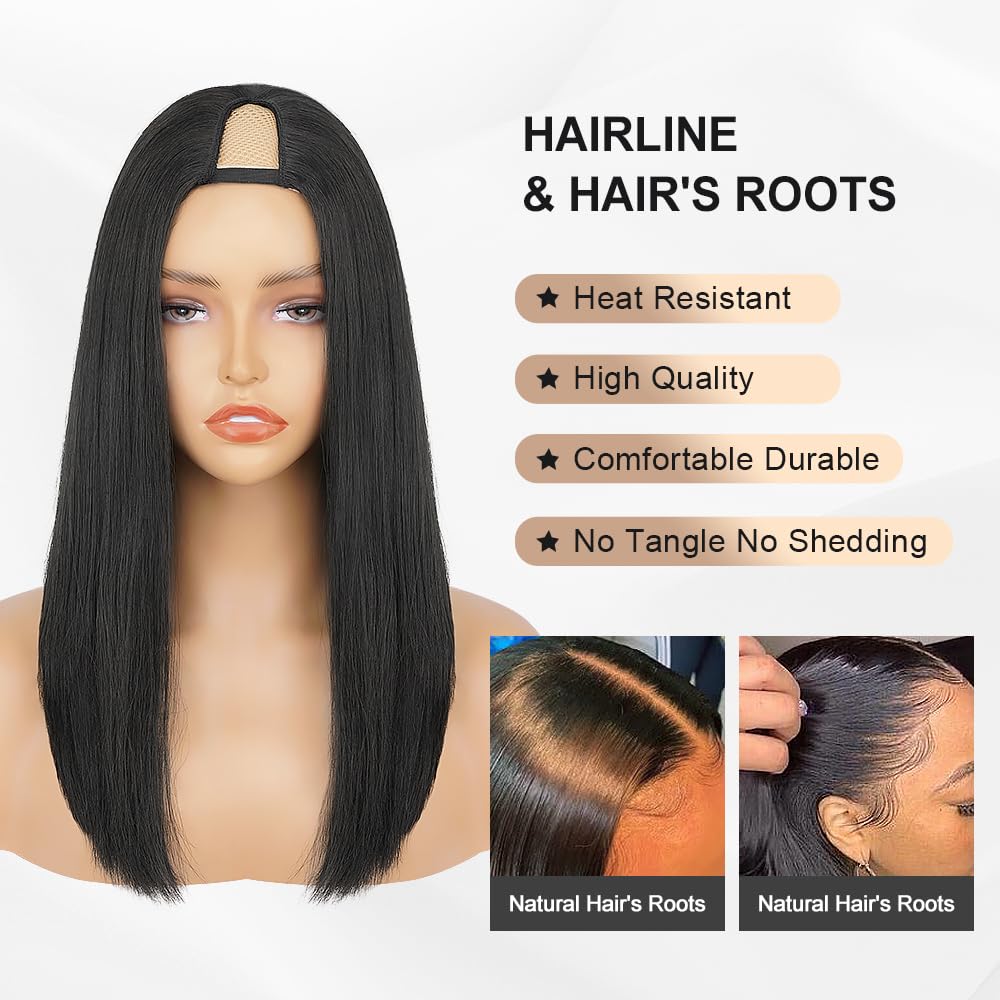 Yaki – Peluca lacia en U con parte en U, cabello sintético suave como cabello humano real, sin pegamento, peluca italiana Yaki en V para mujeres