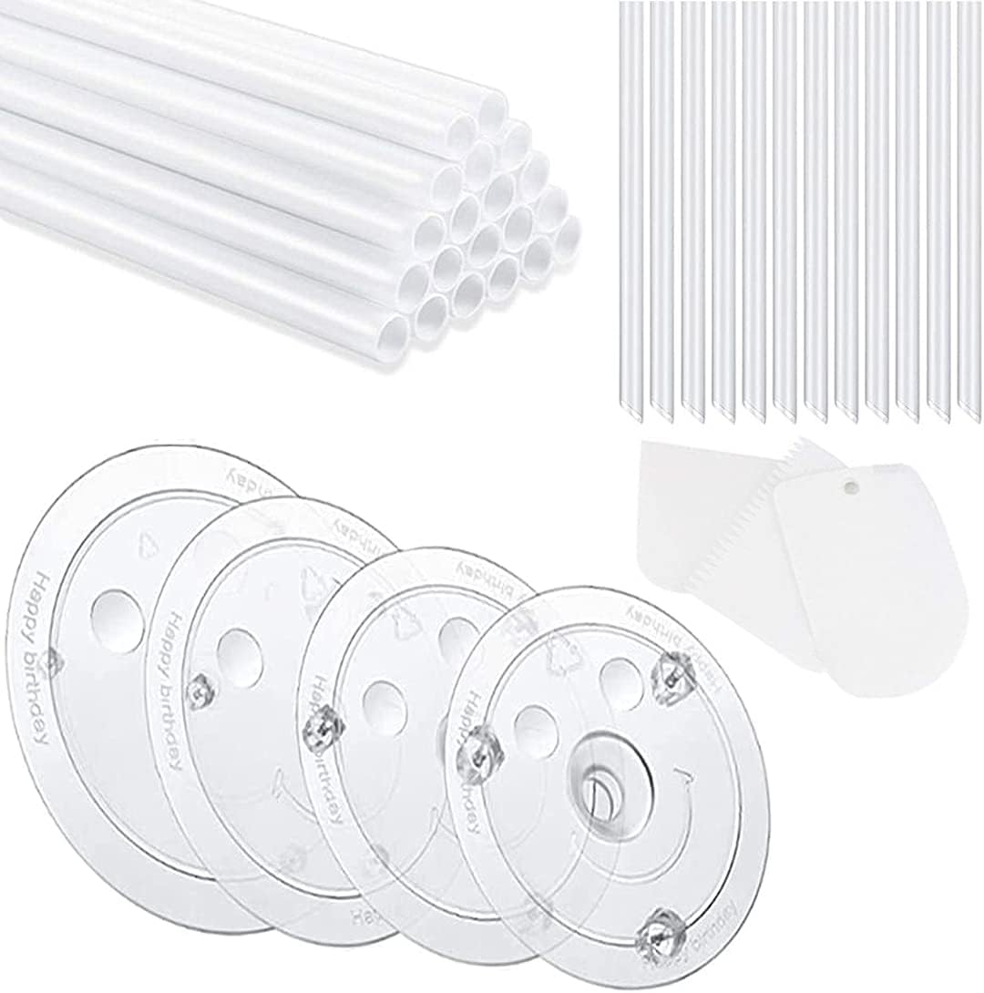 20 varillas de plástico blancas y 4 placas separadoras de pasteles de 46810 pulgadas con 12 tacos apilables transparentes, diferentes patrones para