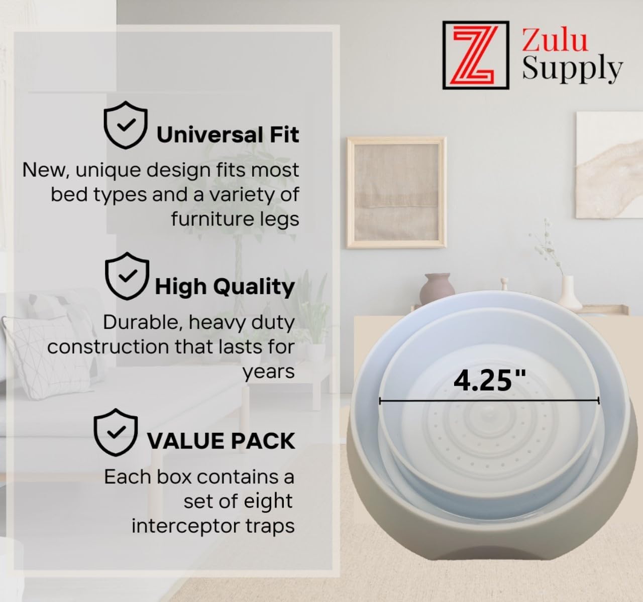 Zulu Supply – Interceptores de insectos de cama, trampas, paquete de 8, monitor de chinches, detector de insectos para patas de cama o muebles