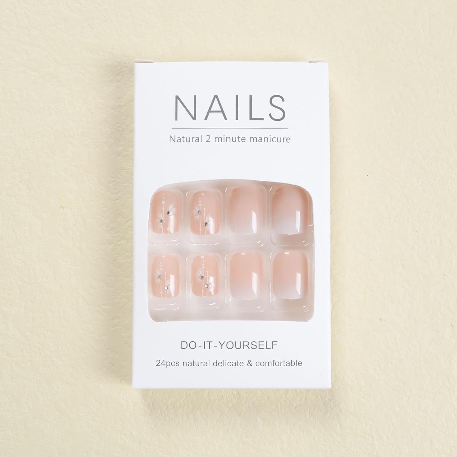 24 uñas cortas a presión, uñas postizas rosas, uñas acrílicas de forma cuadrada con diseños de flores, uñas postizas degradadas, uñas postizas de