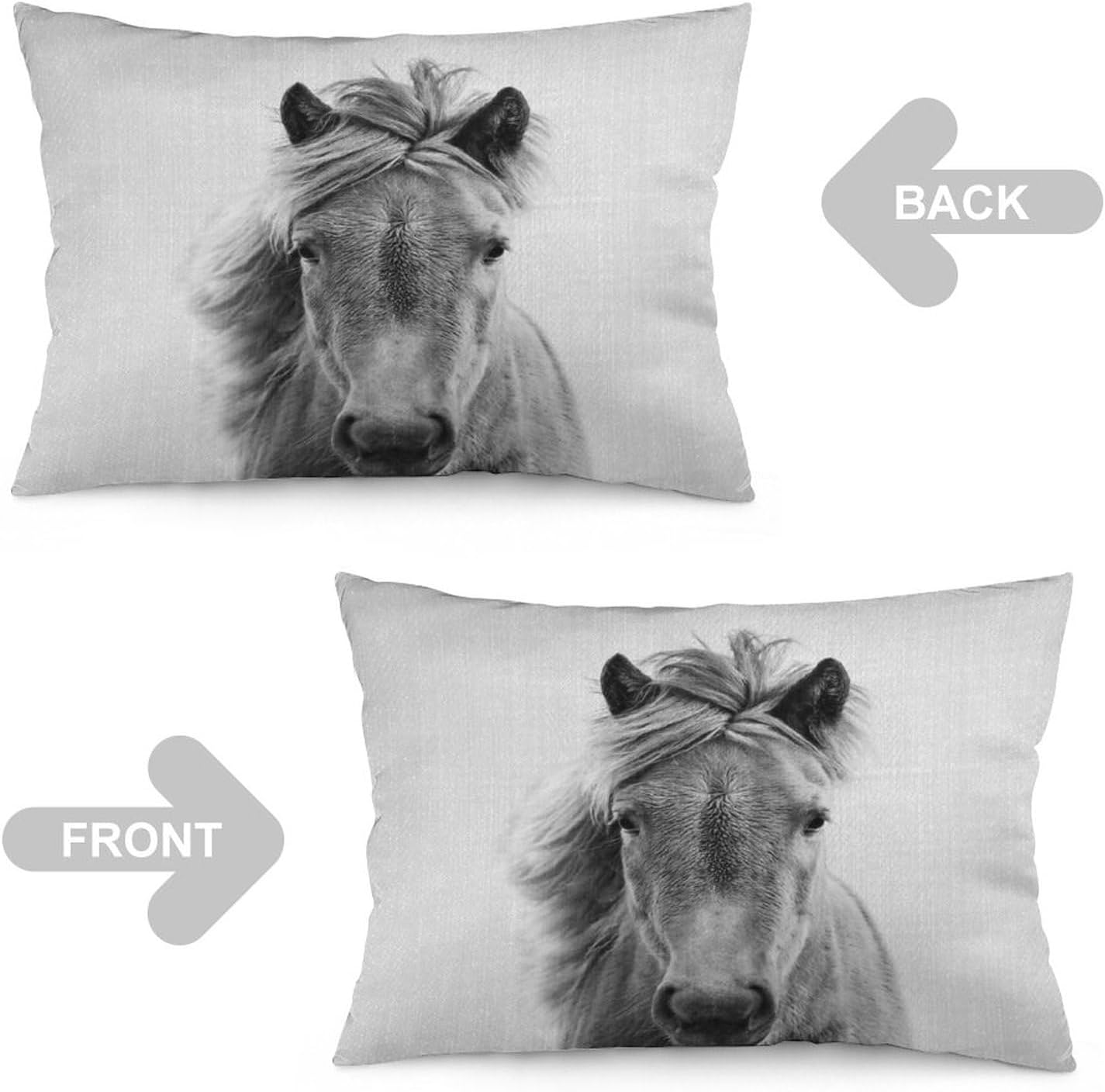 Funda de almohada decorativa rectangular con diseño de caballo, color blanco y negro, decoración del hogar, para sala de estar, sofá, coche, funda