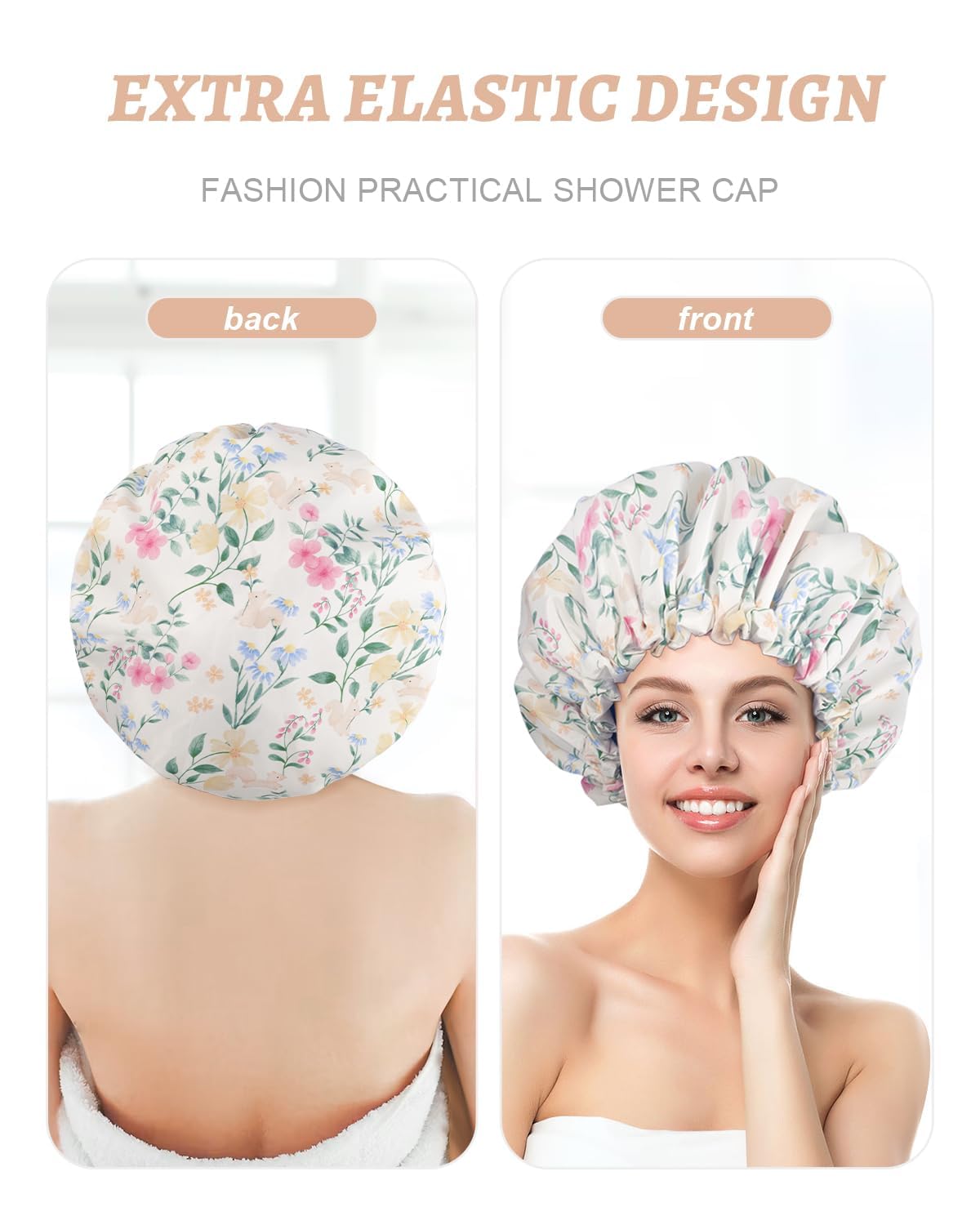 Aquior Gorro de ducha impermeable de doble capa para mujer, gorro de ducha grande reutilizable para todas las longitudes de cabello con forro de