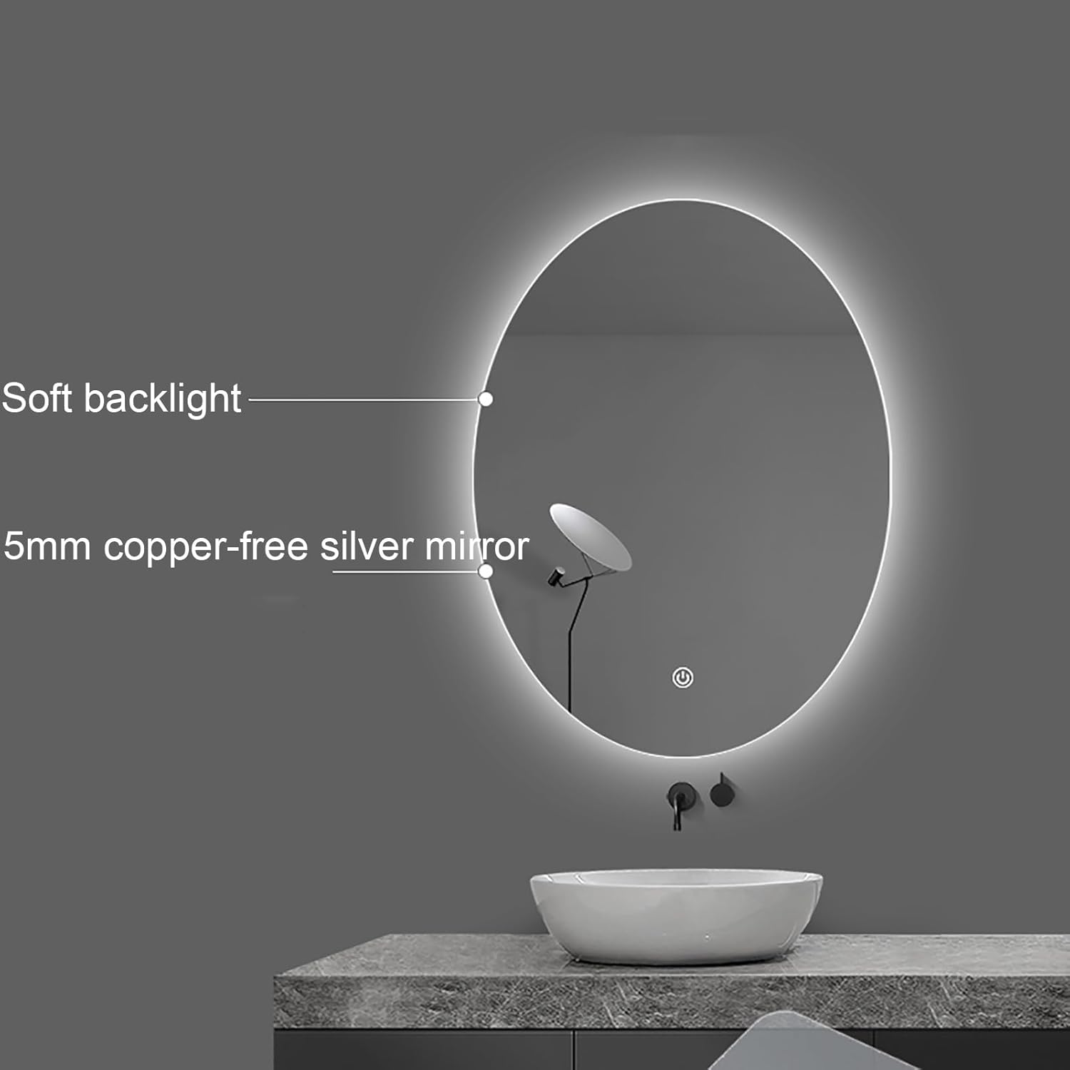 Espejo LED ovalado para baño, espejo de tocador con luces, espejo circular antivaho montado en la pared para dormitorio (color cálido, tamaño 19.7 x