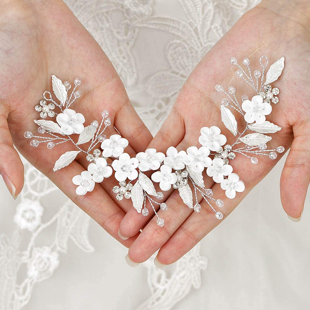 Easedaily Tocado de novia de flores para boda, vid de hoja de plata, tocados de novia con diamantes de imitación, accesorios para el cabello para