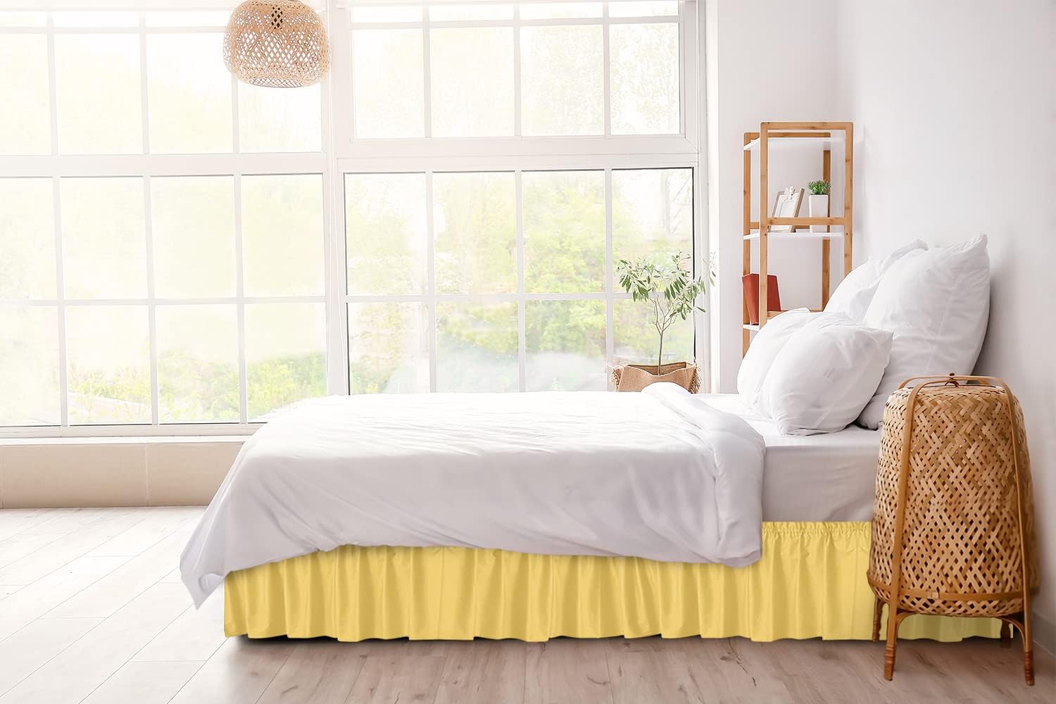 CGK Linens – Falda de cama envolvente con volantes, color amarillo, para camas de tamaño matrimonial con caída de 15 pulgadas, correa elástica de