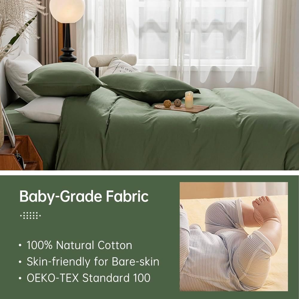 JELLYMONI Funda de edredón verde individual XL, funda de edredón 100% algodón lavado con textura similar al lino, juego de ropa de cama suave y