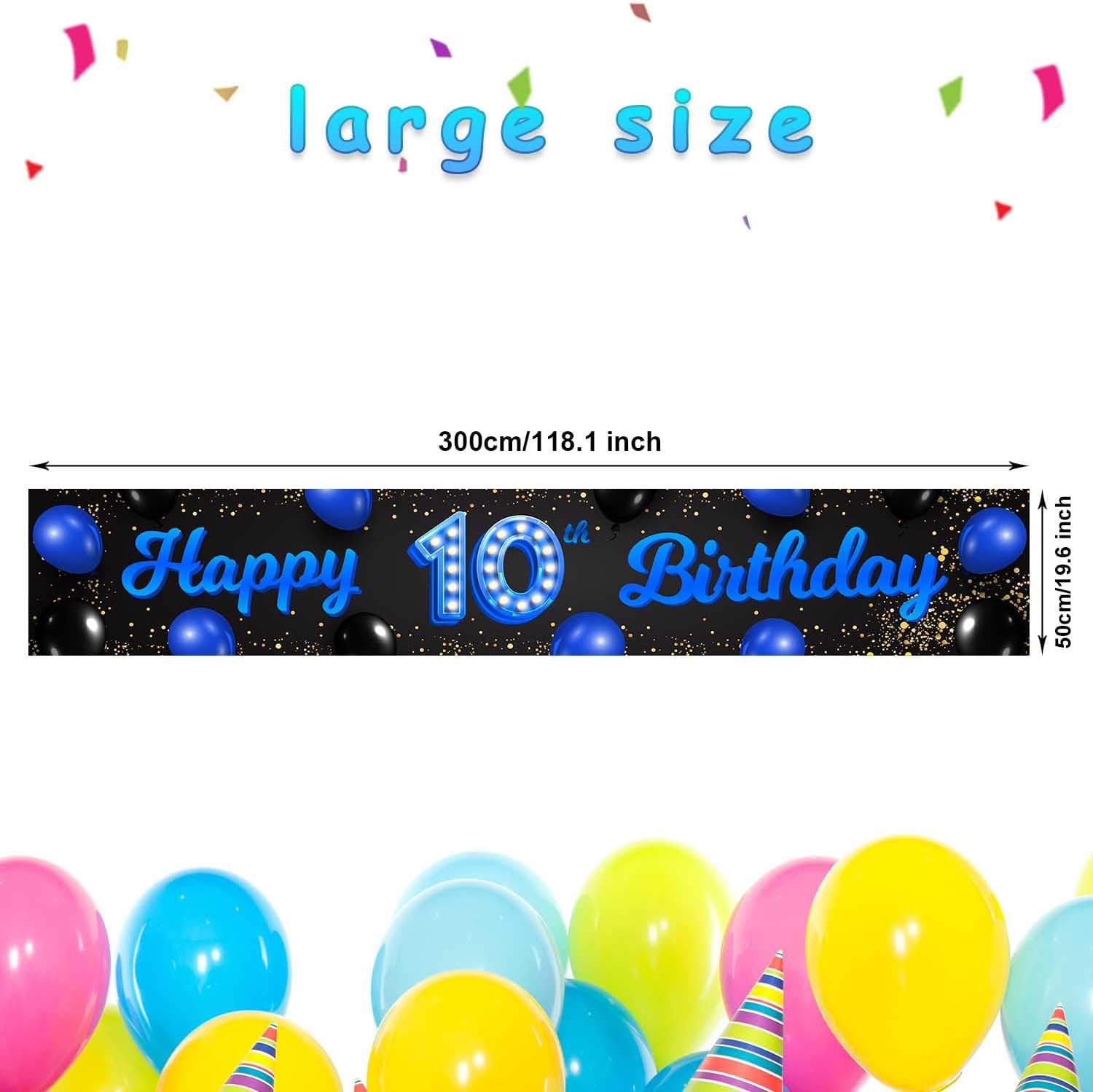 Cartel azul y negro de feliz cumpleaños número 10 años de edad, globos de confeti, decoración temática para niñas de 10 años, suministros de