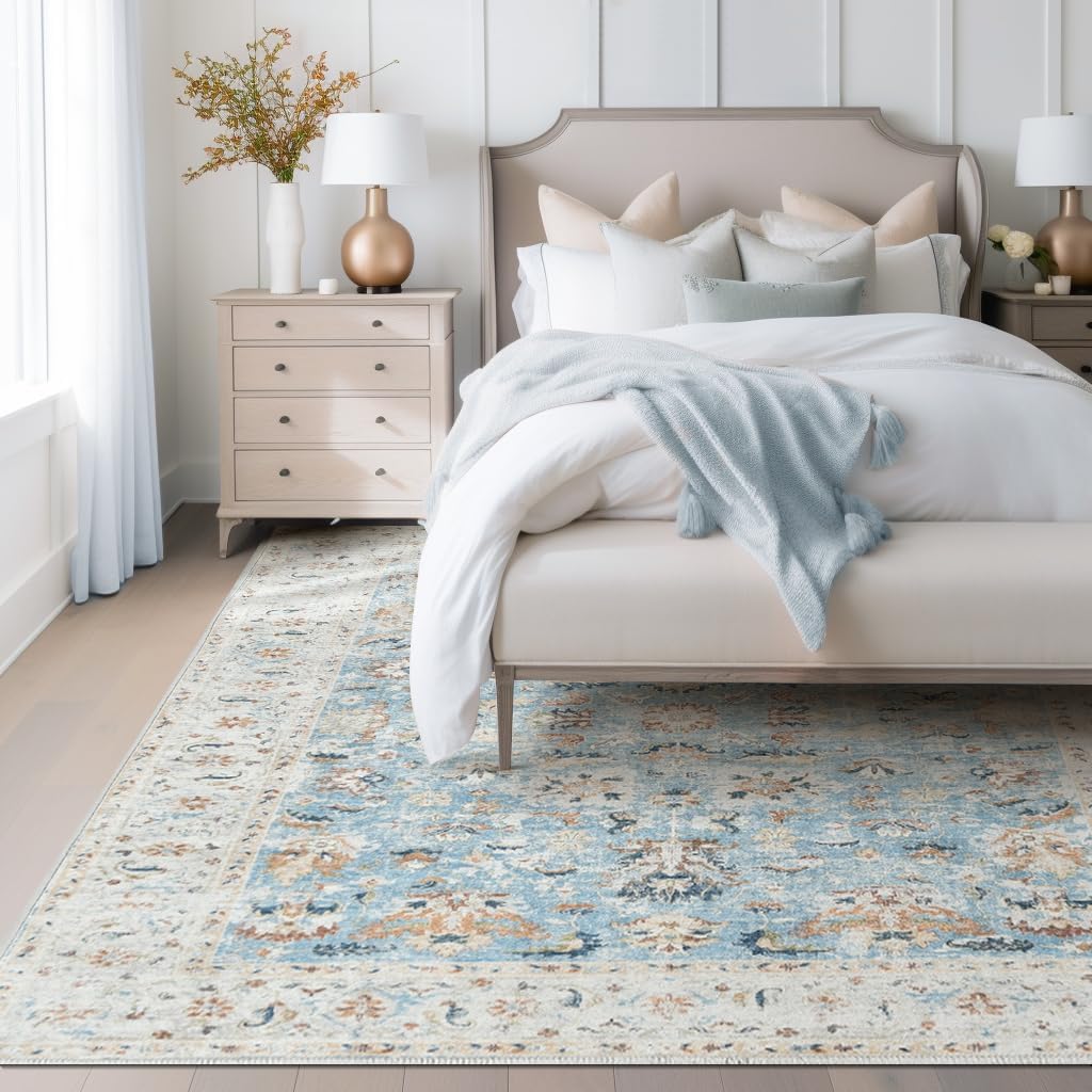 jinchan Alfombra de área lavable de 5 x 7 pies, diseño floral bohemio vintage de pelo bajo, delgada, antideslizante, no desprende pelo, para cocina,
