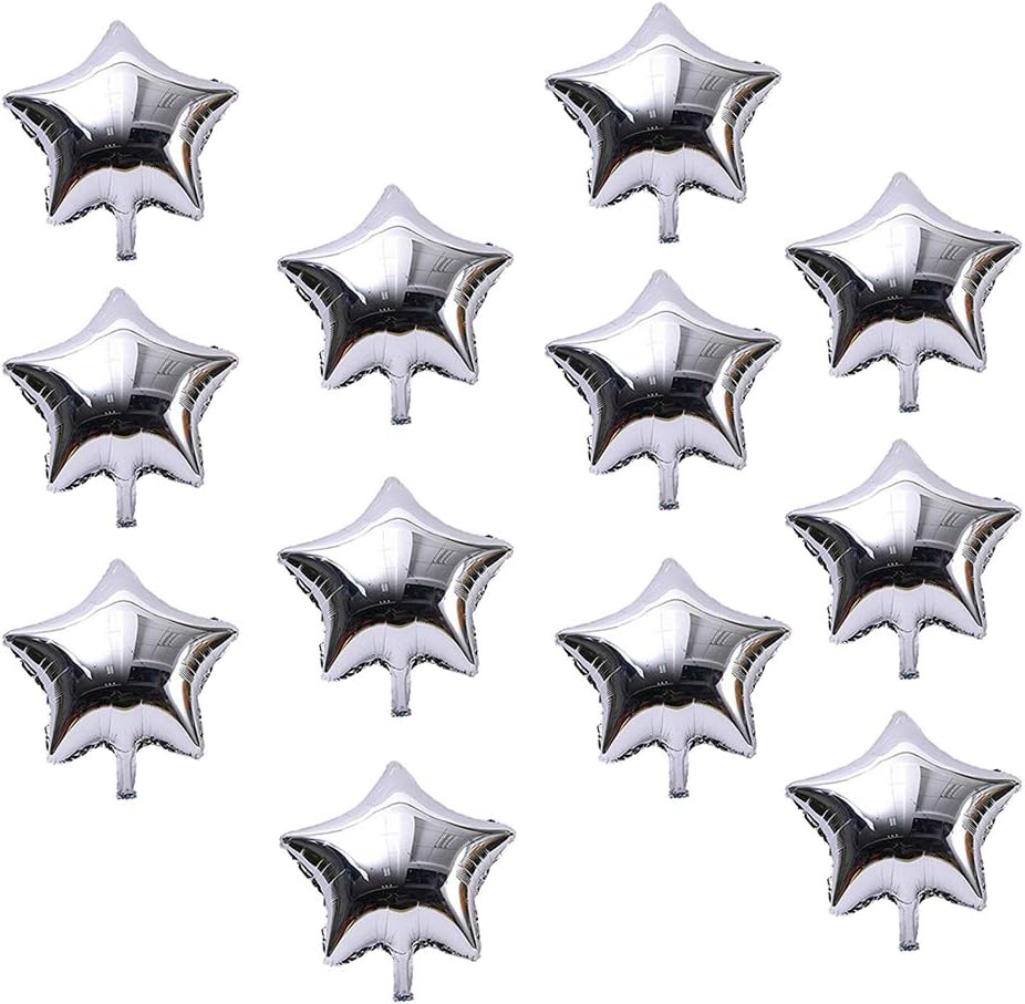 AnnoDeel 50 globos de estrella plateada de 10 pulgadas, globos de papel de aluminio de estrella Mylar para decoraciones de cumpleaños, bodas y