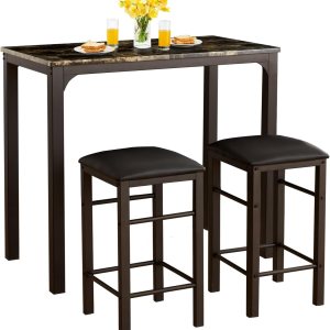 VECELO Taburetes de mesa de bar, 3 piezas rectangulares de altura de cocina, pub, mesa, sala de estar, bistró, juego de comedor para 2, negro retro VECELO Taburetes de mesa de bar, 3 piezas rectangulares de altura de cocina, pub, mesa, sala de estar, bistró, juego de comedor para 2, negro retro