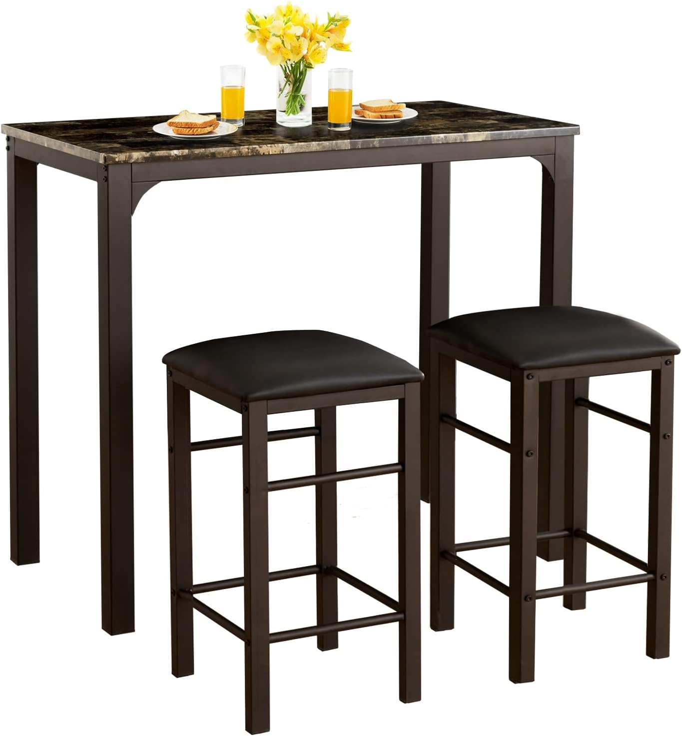 VECELO Taburetes de mesa de bar, 3 piezas rectangulares de altura de cocina, pub, mesa, sala de estar, bistró, juego de comedor para 2, negro retro