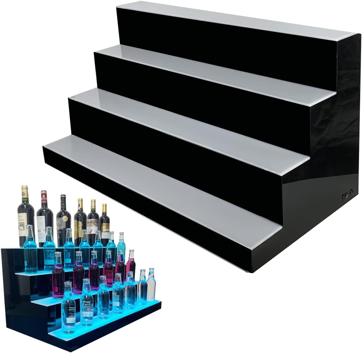 Estante de botella de licor iluminado con luz LED de 31 pulgadas y 4 escalones, estante de botella iluminado para el hogar, estante de bar comercial