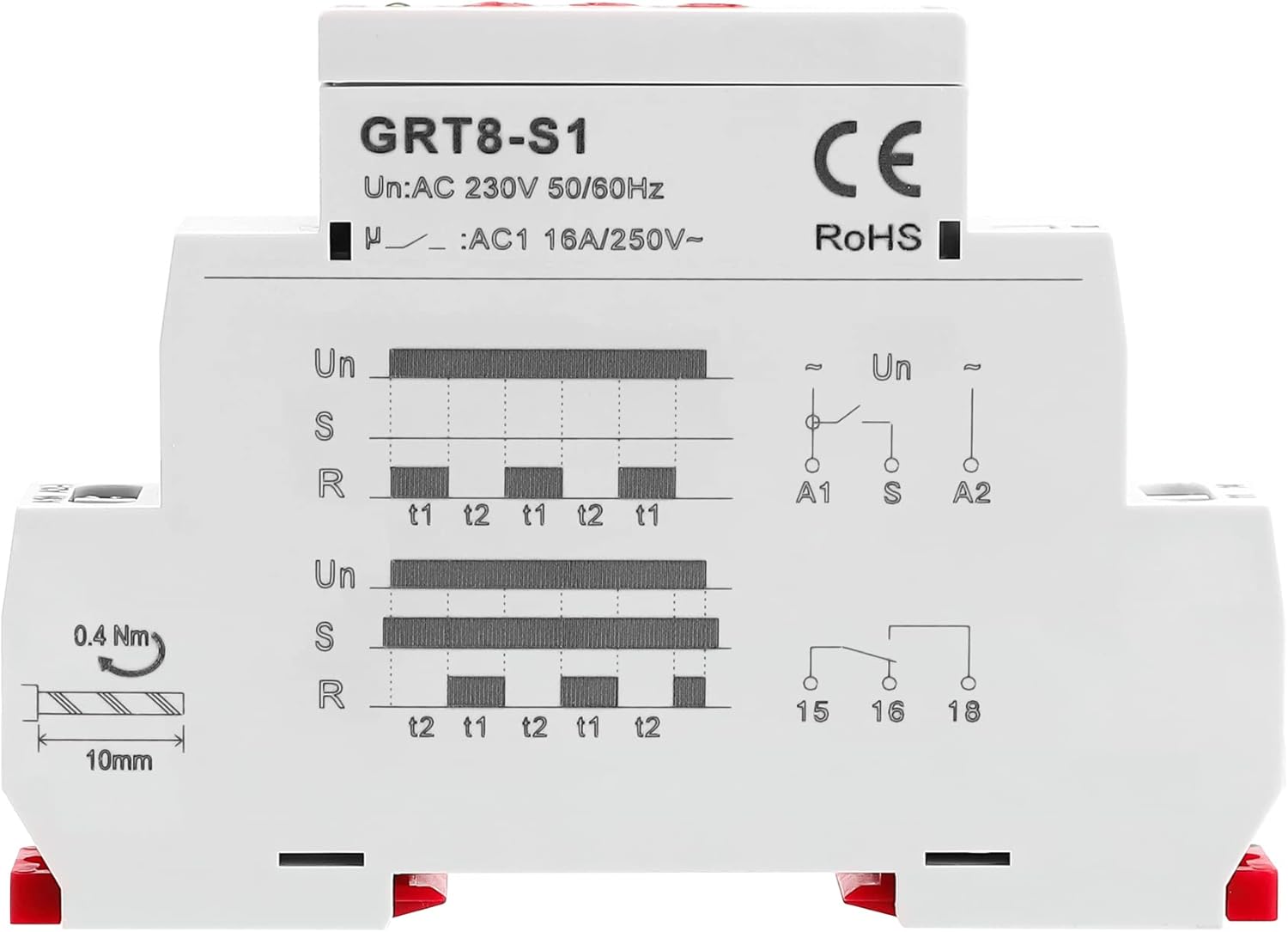 GEYA Relé de tiempo de ciclo asimétrico 1SPDT 16A AC230V Ciclador Repetición Temporizador Retraso Relé Carril DIN modular (GRT8-S1, AC230V)