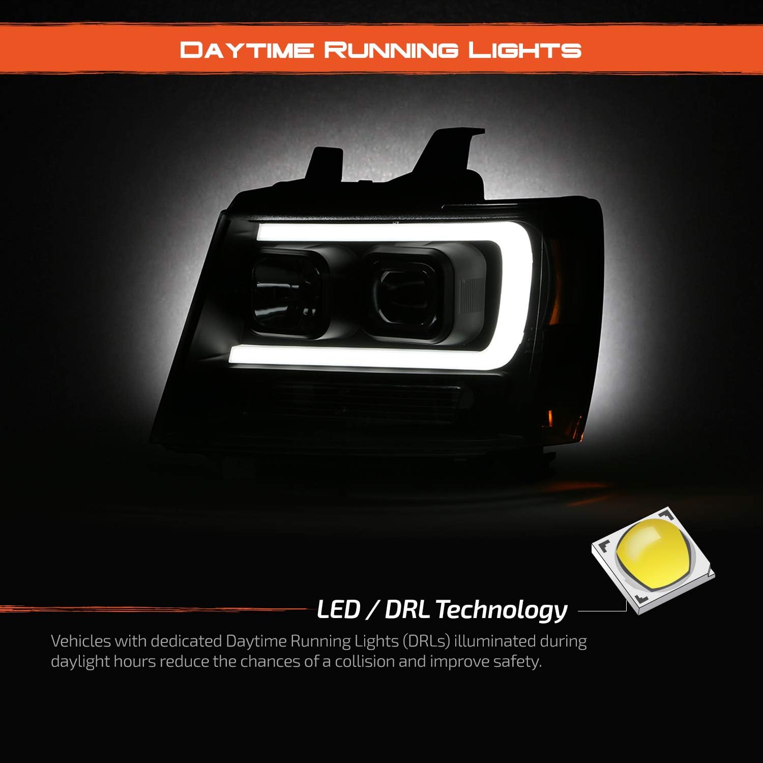 AKKON – Compatible con 2007-14 Chevy Tahoe Suburban 15002500 07-13 Avalanche Proyector LED barra de tubo C Par de faros negros izquierdo+derecho
