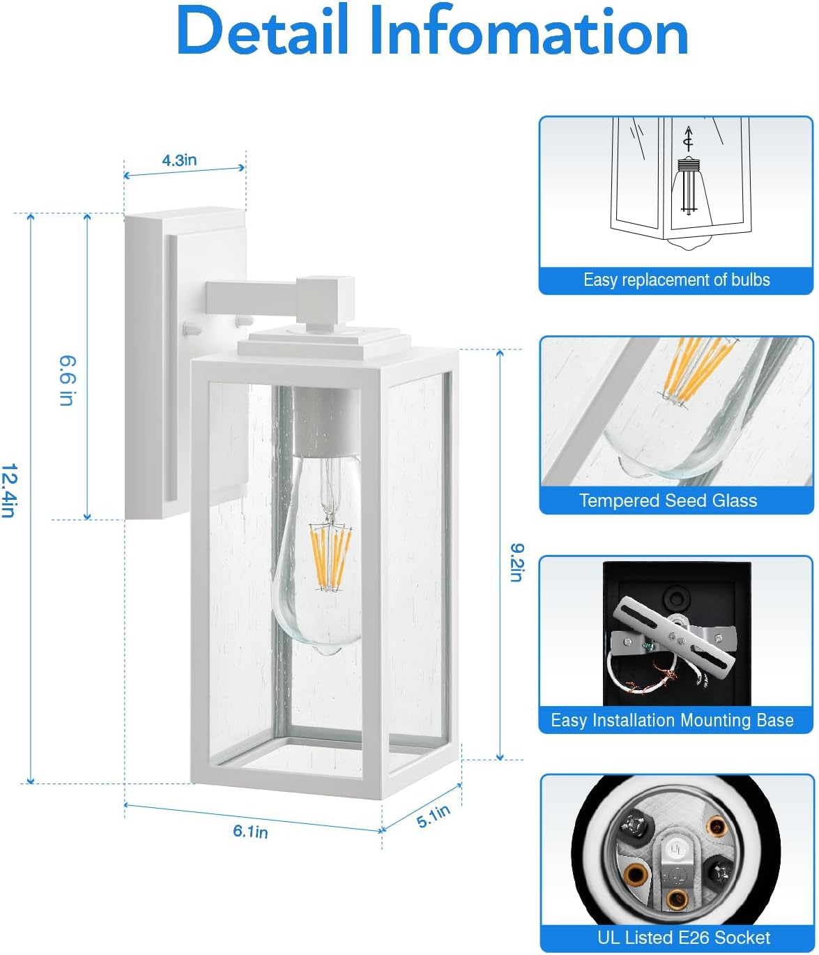 VIANIS Paquete de 2 lámparas para exteriores, farol blanco para iluminación de pared al aire libre, luces de porche antioxidantes, luces exteriores