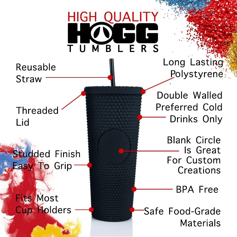 Hogg Vaso de 24 onzas con tapa y pajita, para bricolaje, personalizable con brillo o purpurina, vaso Venti texturizado reutilizable, aislamiento de