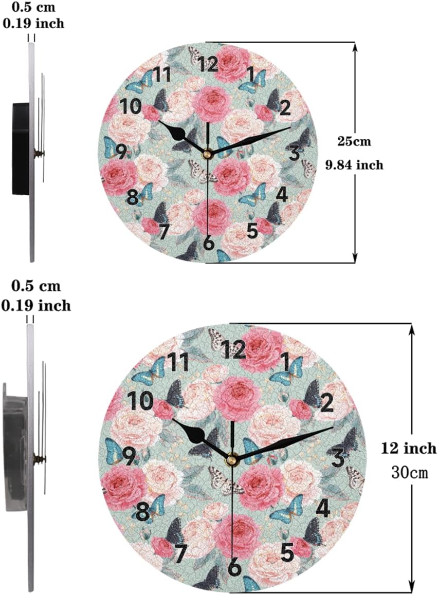 Reloj de pared redondo decorativo con diseño de mariposa rosa de 12 pulgadas, moderno, funciona con pilas, para cocina, sala de estar, dormitorio,