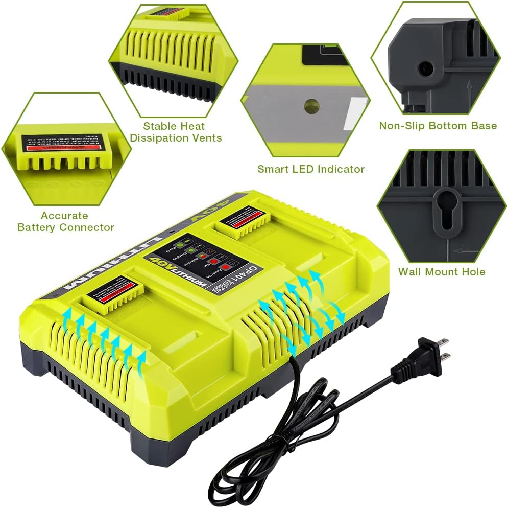 Zinkiwayr – Cargador de batería de litio de 40 V, 40 V, cargador rápido compatible con Ryobi 40V iones de litio OP4015 OP4026 OP4030 OP4040 OP4050