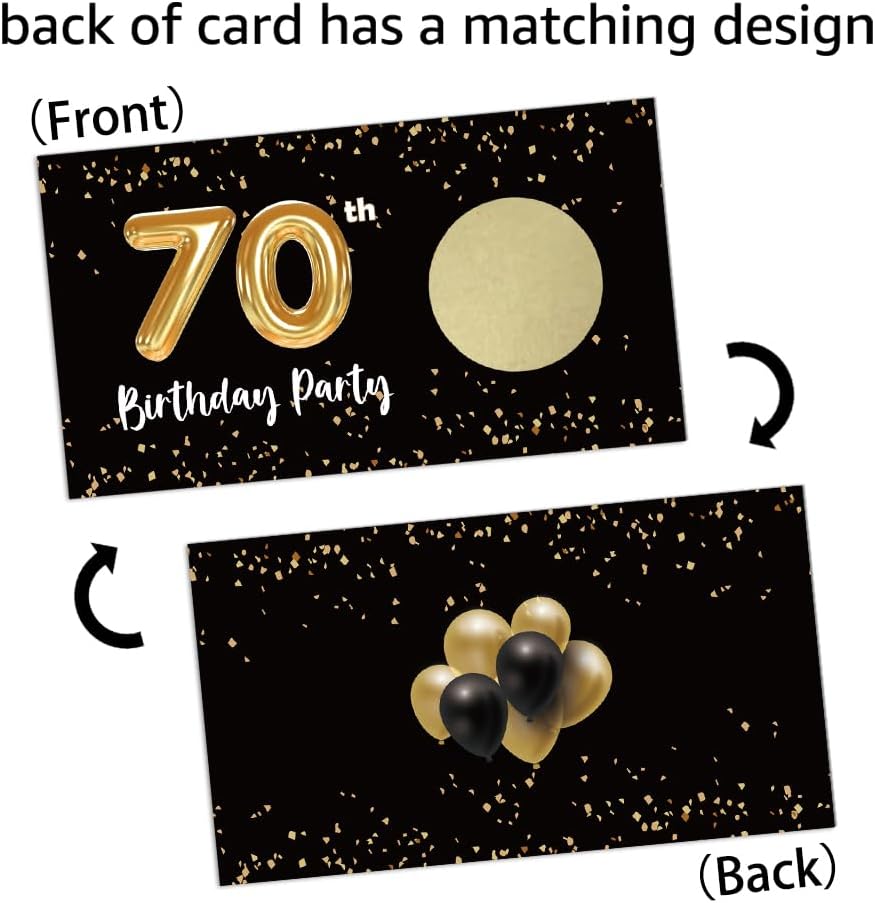 REWIDPARTY Tarjetas de juego para raspar para fiesta de 70 cumpleaños para adultos (32 piezas) en negro y dorado para 70 cumpleaños, suministros