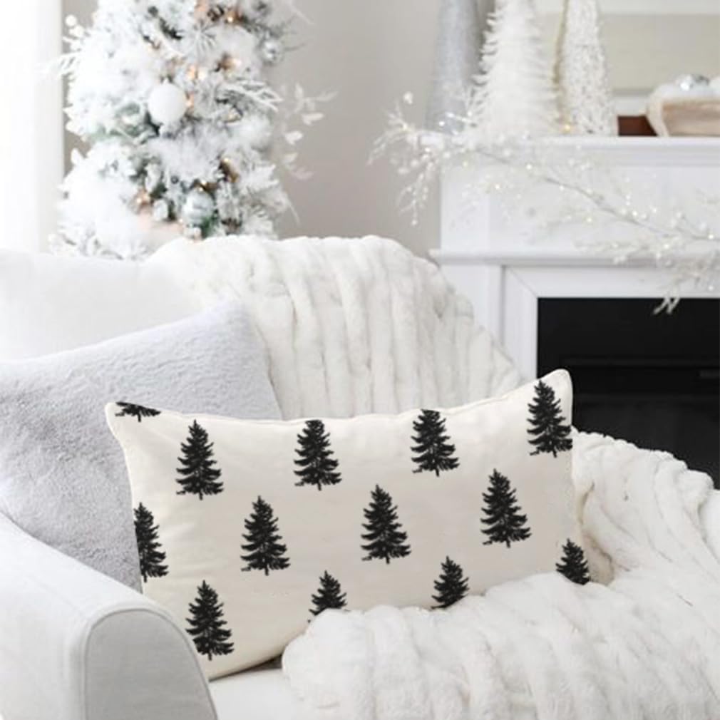 Funda de almohada moderna de árbol de Navidad de 12 x 20 pulgadas, decoración de pino de Navidad negro, almohadas lumbares de Navidad, fundas de