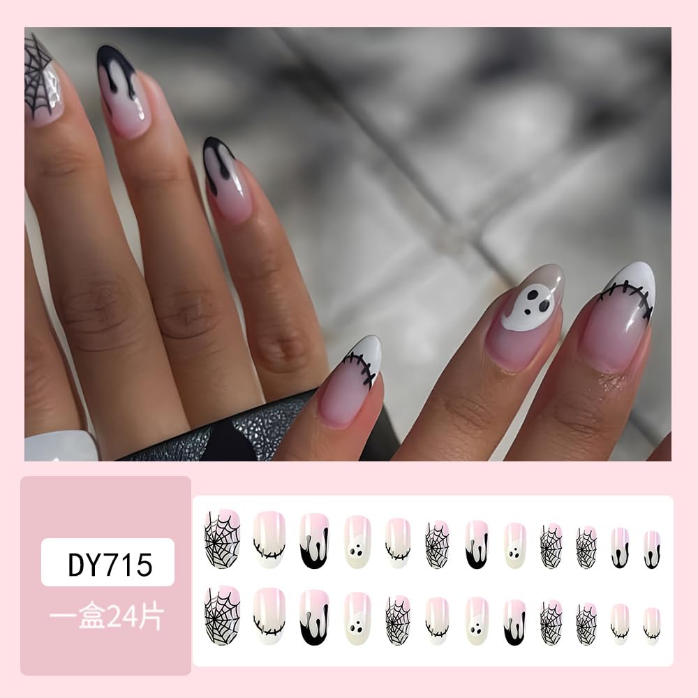 Uñas postizas cortas a presión con puntas francesas negras de Halloween, tela de araña, almendra, acrílicas, fantasma, cobertura completa, uñas