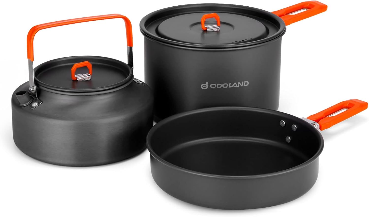 Odoland Camping Cookware Mess Kit, Camping Cooking Pot Fry Pan and 1.1L Kettle Set, Portable Camping Cookware Set with Mesh Bag for Camping,