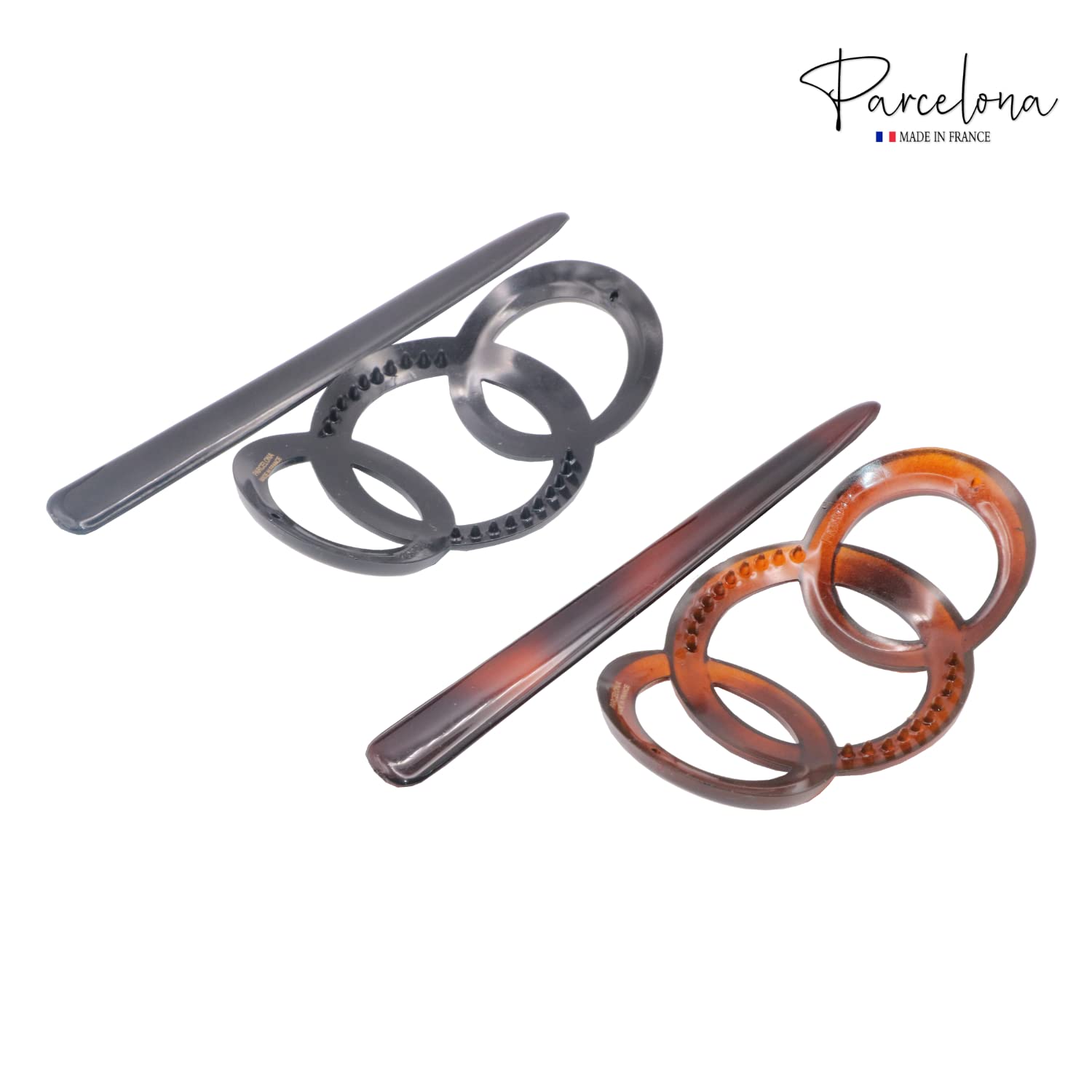Parcelona Pasador deslizante de pelo de celuloide francés de 3.5 pulgadas con triple anillo, pasador, pasador antideslizante, cola de caballo para