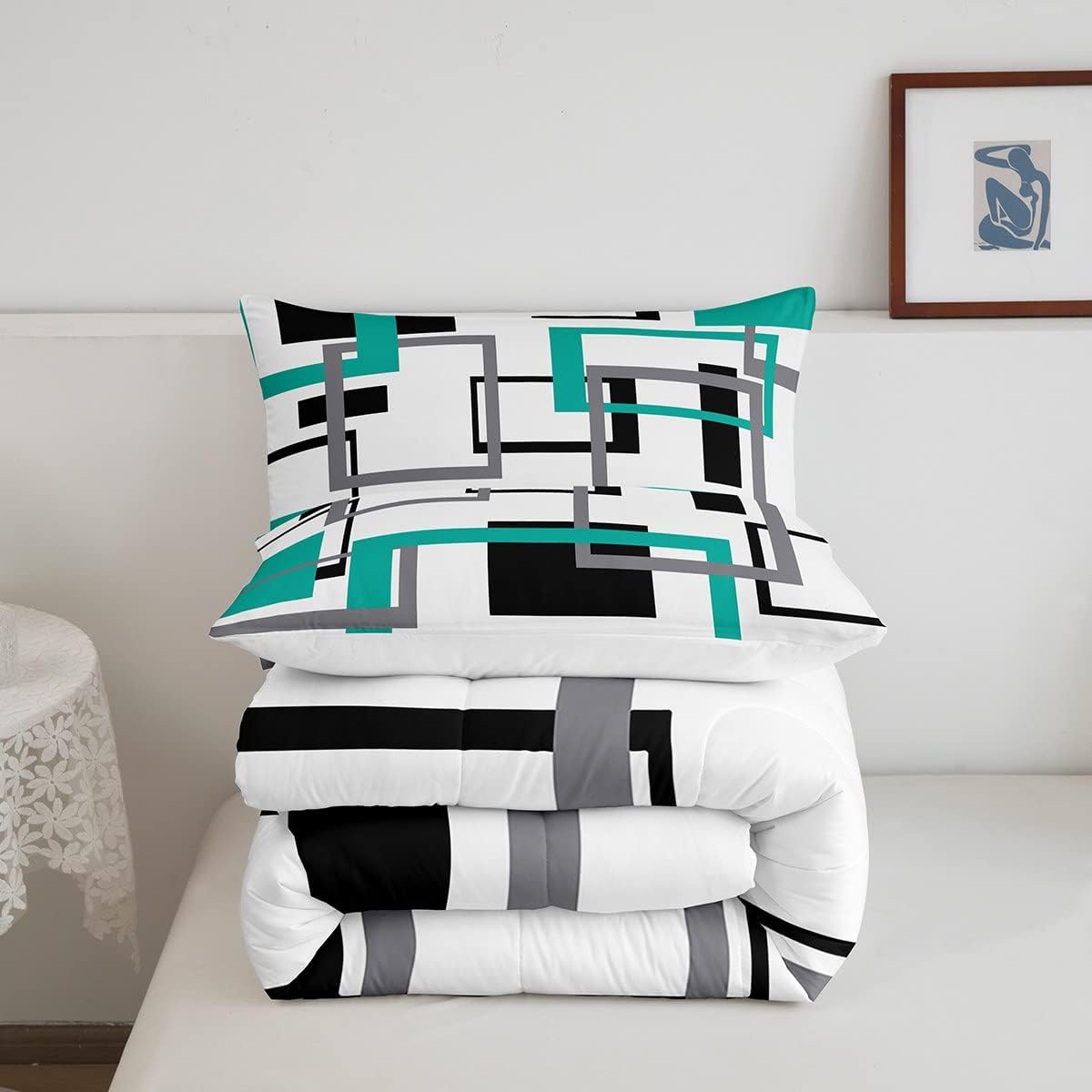 Erosebridal Juego de edredón cuadrado para adolescentes y jóvenes, juego de ropa de cama negro, blanco y azul, juego de edredón geométrico moderno