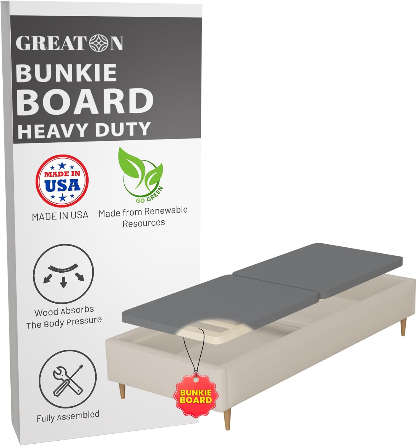 Greaton, Tabla dividida de 1.5 pulgadas para colchónsoporte de cama, totalmente montada, comodidad y apoyo mejorados, individual XL, gris