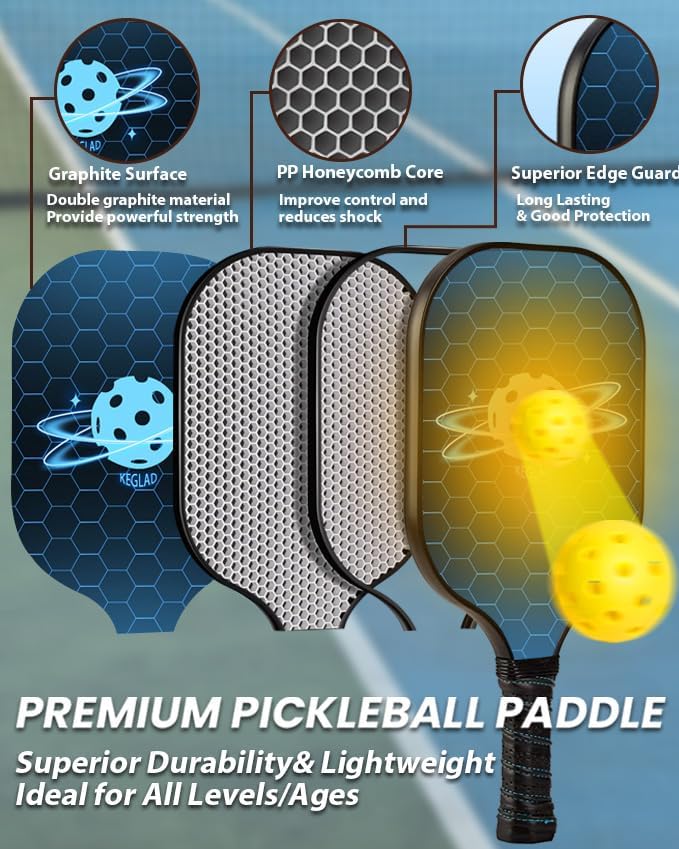 Pickleball Paddles, Graphite Pickleball Paddles Set of 2, Lightweight Pickleball Set with 4 Pickleball Balls and 1 Carrying Bag, Pickleball Rackets
