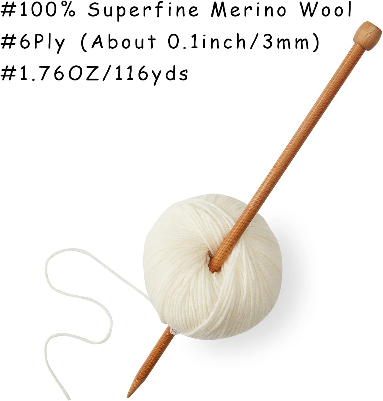 100% lana merino, hilo lujoso y suave de 6 capas para tejer a mano y ganchillo, 1.76 onzas1.76 oz, 127 yardas380.6 ft (blanco, 1 bola)