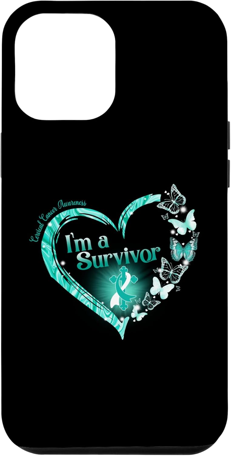 Funda para iPhone 13 Pro Max con cinta verde azulado con diseño de mariposa y cáncer cervical I’m a Survivor