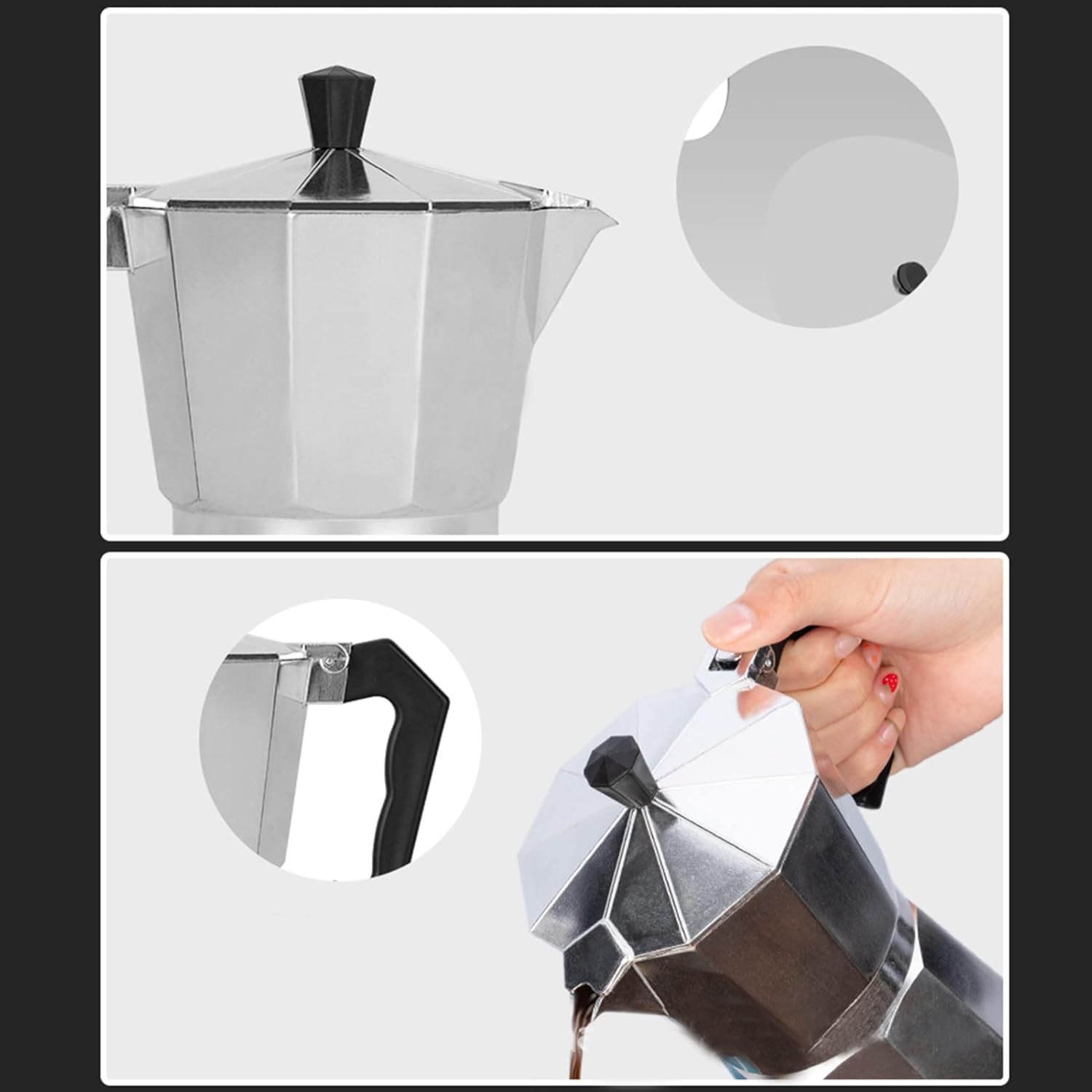 Cafetera italiana, no se deforma, fina mano de obra moka, olla moderna de aleación de aluminio con filtro de metal para cocina (2 tazas de 3.5 onzas
