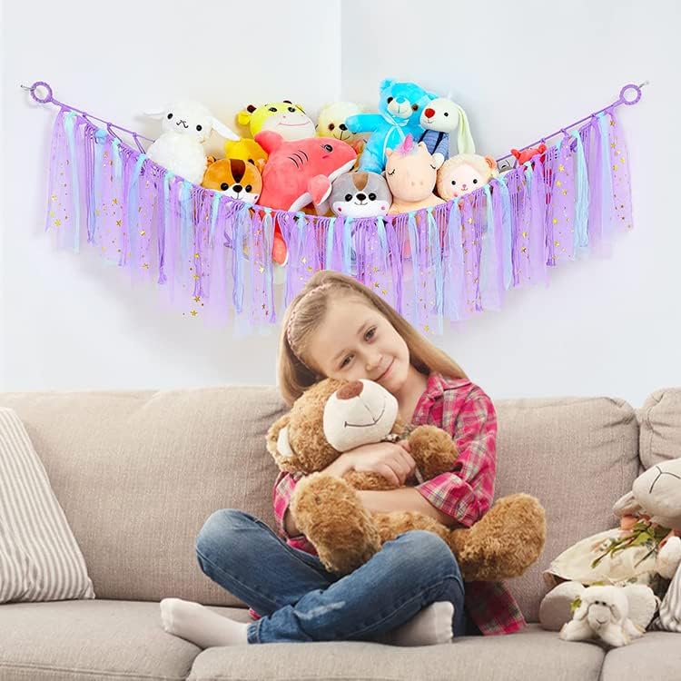 Red de animales de peluche o hamaca con borlas, red de almacenamiento LED para animales de peluche y hamaca de juguete de felpa, hecha a mano,