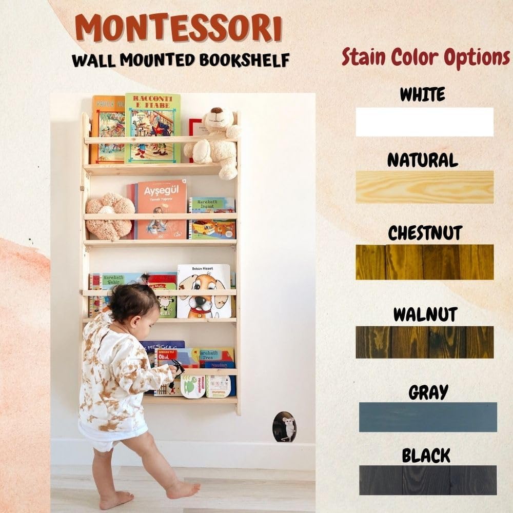 Estantería Montessori hecha a mano para niños montada en la pared, exhibición de libros de 4 niveles para dormitorio infantil, estantería de muebles
