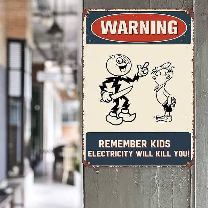 Cartel de metal con texto en inglés Remember Kids Electricity Will Kill You Warning Vintage (Remember Kids Electricity Will Kill You)