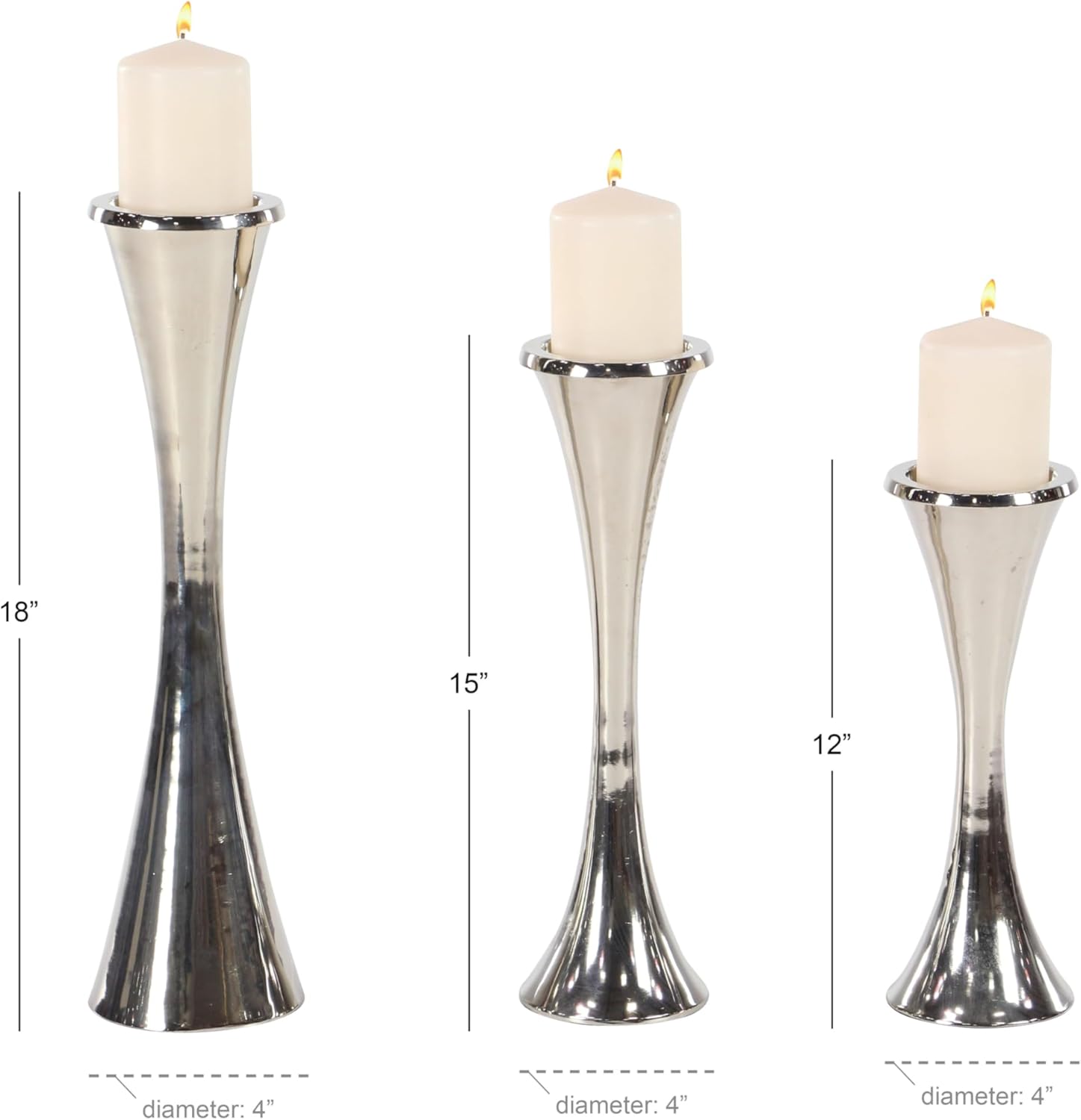 Deco 79 Moderno portavelas sólido de aluminio, juego de 3 12 pulgadas, 15 pulgadas, 18 “H, plateado