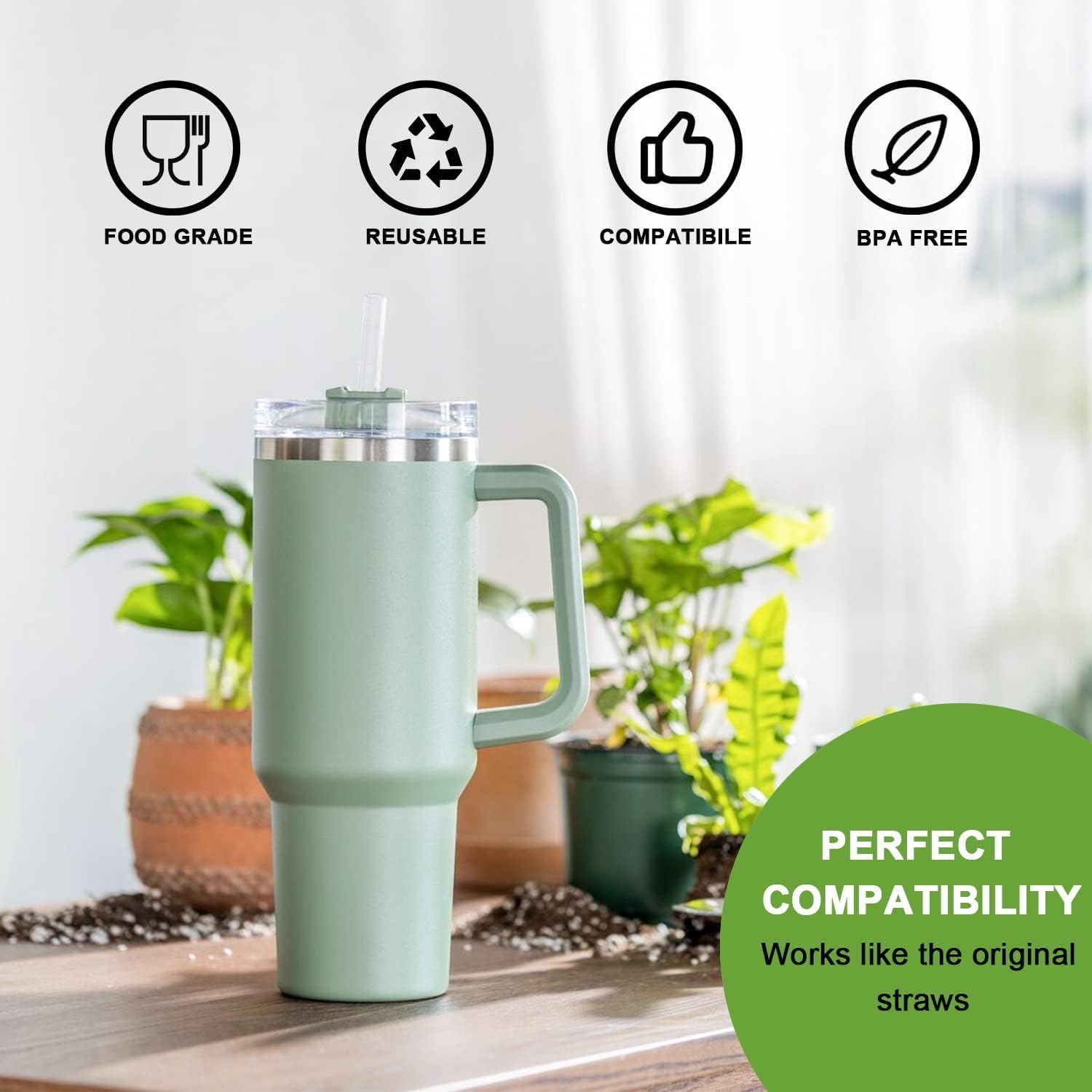 Stanley – Vaso de repuesto para vaso Stanley de 40 onzas y 30 onzas, paquete de 6 popotes reutilizables con 2 cepillos de limpieza, popote para