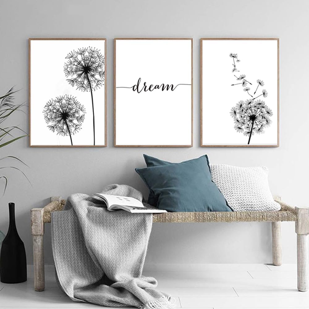 YOWOCAL Decoración de pared de diente de león, lienzo de flores en blanco y negro, decoración de sala de estar, dormitorio, guardería, impresiones