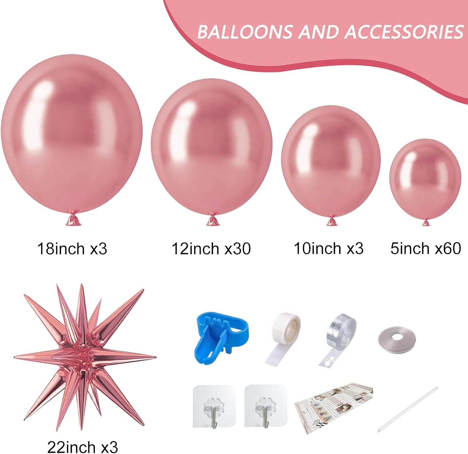 Kit de arco de globos metálicos de 139 piezas, globos de estrella de 22 pulgadas y globos de látex, diferentes tamaños, paquete de 18 pulgadas, 12