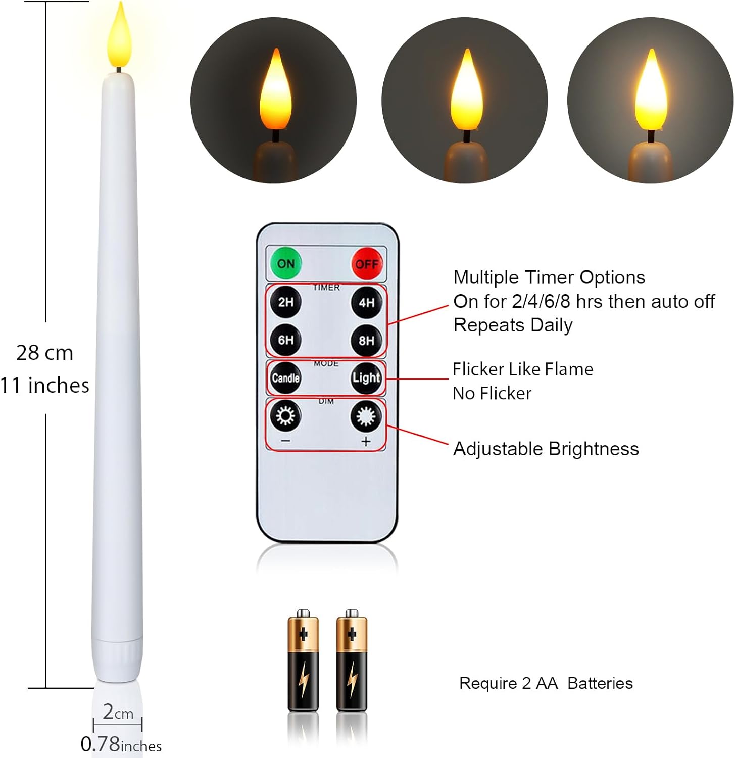 Homemory 12 velas cónicas sin llama con temporizador remoto, velas cónicas LED blancas de 11 pulgadas, candelabros de plástico a pilas con llama