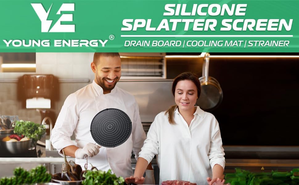 Young Energy Pantalla de silicona para cocinar, sartén con embudo de aceite plegable, protector contra salpicaduras de grasa, antiadherente,