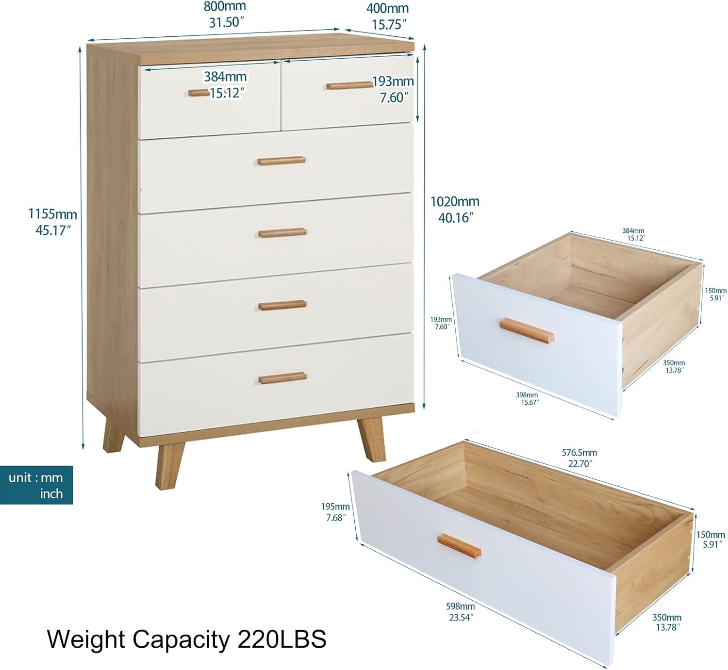 SSLine Cómoda de 6 cajones, cómoda moderna con patas y pomos de madera maciza, mesa auxiliar grande armario de almacenamiento para dormitorio, sala
