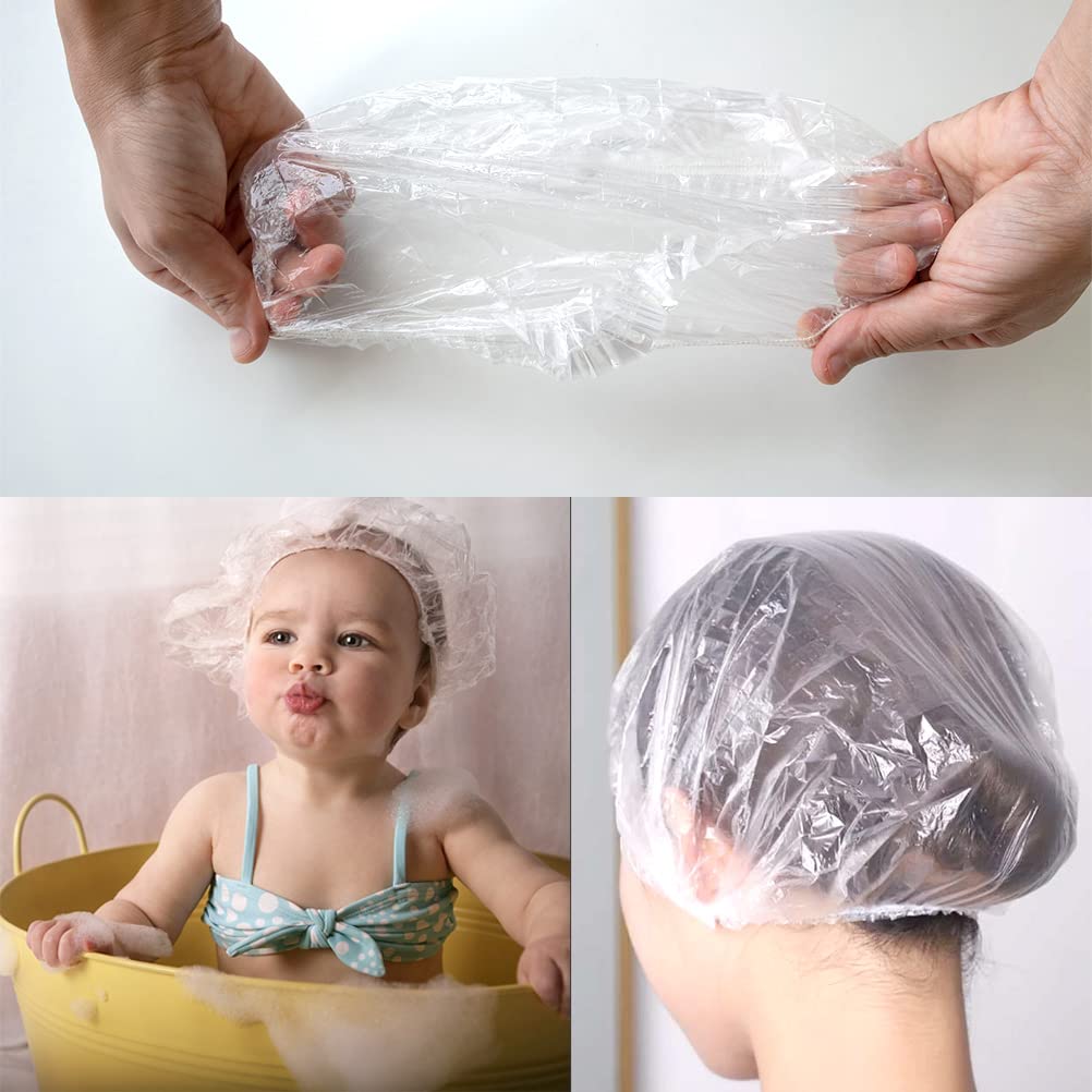 Gorros de ducha desechables extra grandes, gorro de baño de plástico transparente grueso impermeable para mujeres, accesorios esenciales de viaje de