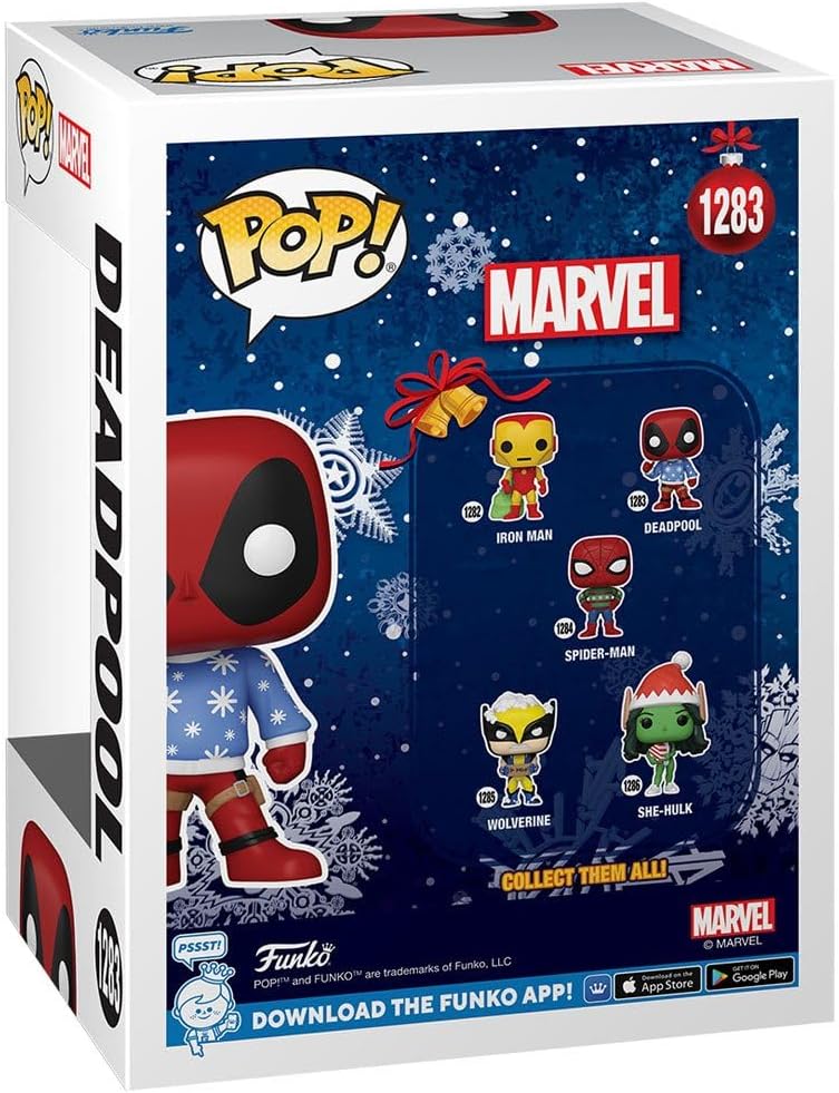 POP Marvel Holiday – Figura de vinilo de Funko Deadpool con suéter feo (paquete con funda protectora de caja compatible), multicolor, 3.75 pulgadas