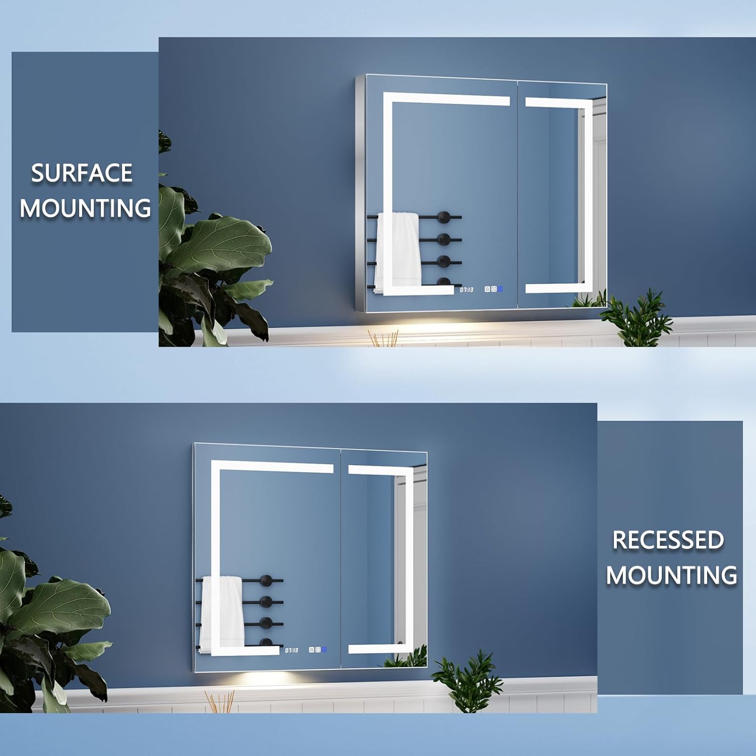 ExBrite Botiquín de baño con iluminación LED con espejo, 36 x 32 pulgadas, botiquín empotrado o de superficie, reloj, pantalla de temperatura